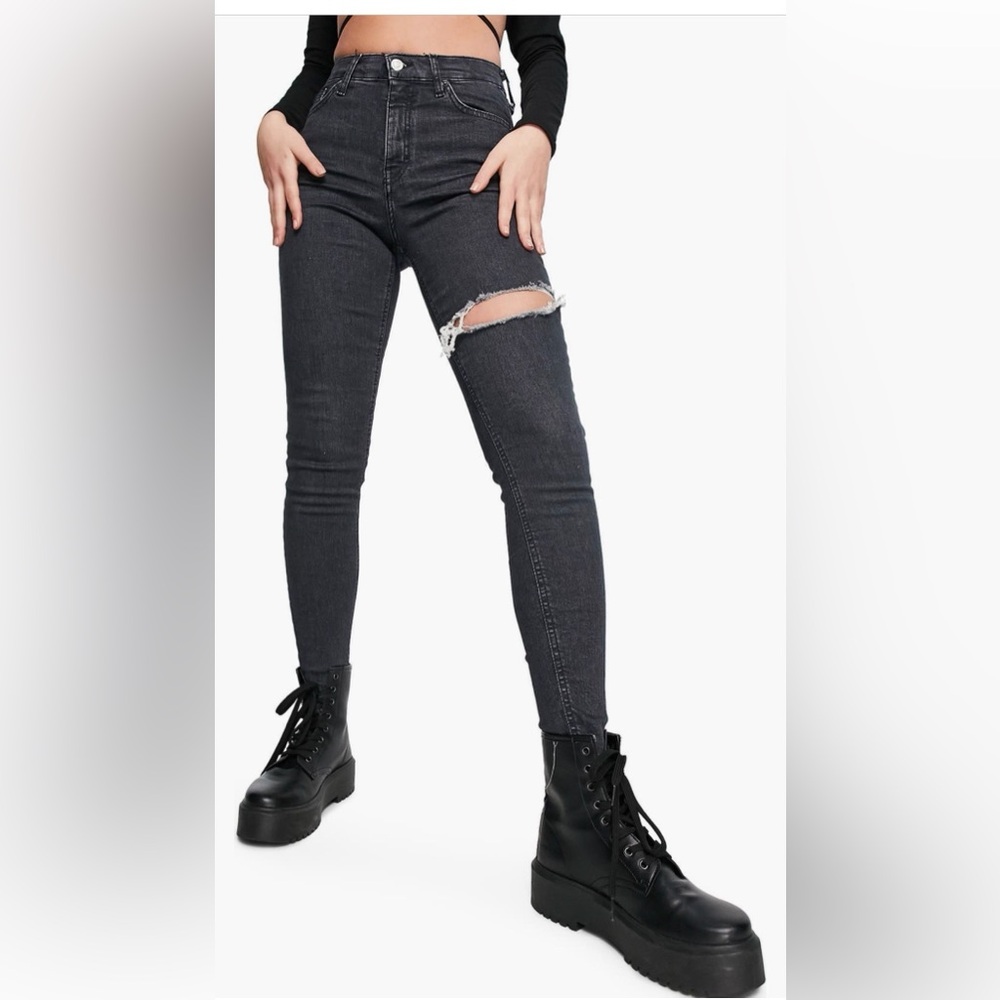 Topshop High-Rise Distressed Charcoal Skinny Jeans
